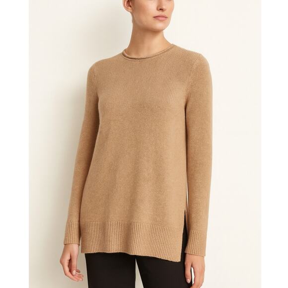 Vince Crewneck Side-slit Cashmere Tunic Sweater Camel Brown - Picture 1 of 8